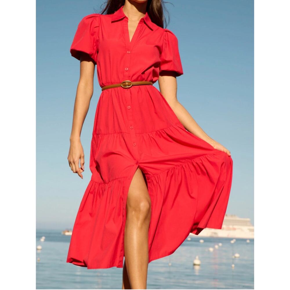 Brochu Walker The Havana Dress Puff Sleeve Midi Carmine Red Size Large L